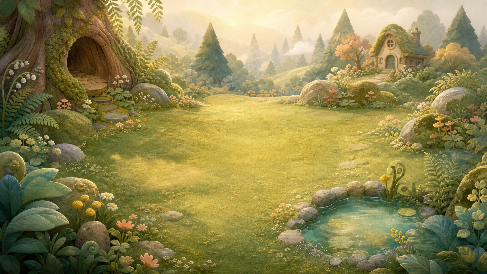 A warm, mossy sanctuary clearing with a pond and tiny cottage